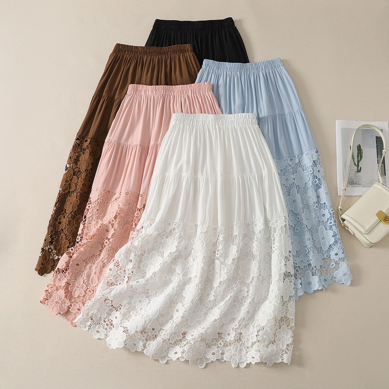 Hollow Out Lace Panel High-waisted A Line Skirt That Flatters The Figure And Offers A Slimming