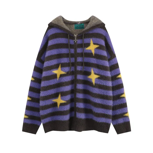 Idle Style Loose Red Striped Hooded Zip Cardigan Sweater Coat Purple - Shop at LoveMi