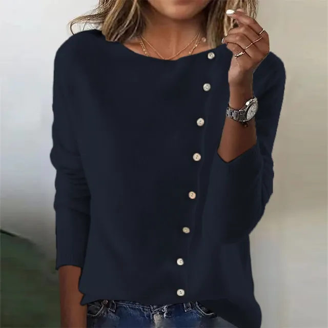 Round Neck Long Sleeve Button Sweater New Women Dark Blue - Shop at LoveMi