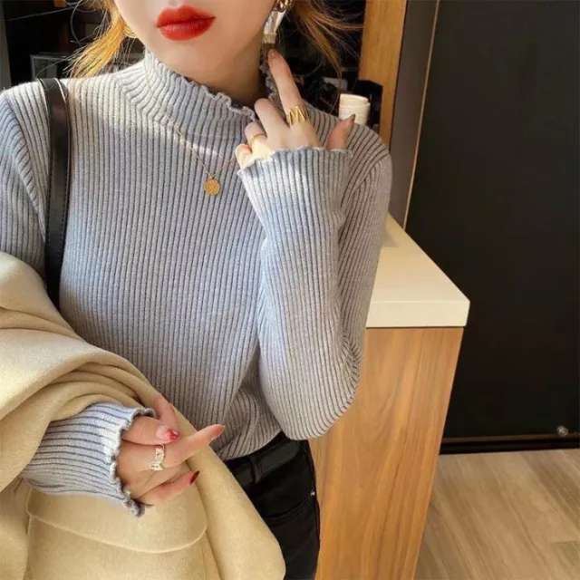 Women's Autumn And Winter Fleece lined Mock Neck Sweater Knitwear Top Warm Gray Blue - Shop at LoveMi