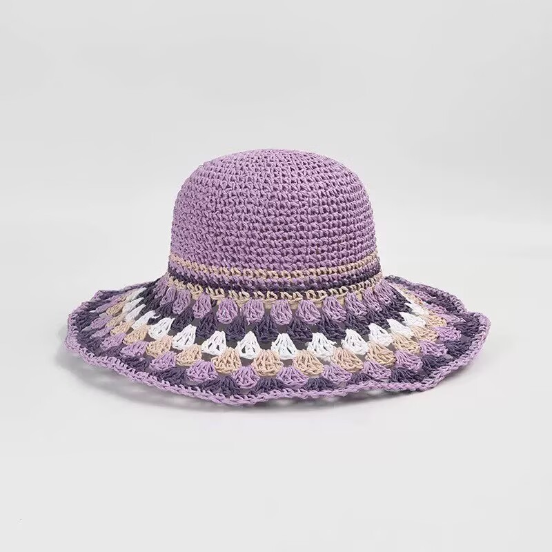 Handmade Crochet Rainbow-Color Block Wide-Brim Sun Hat