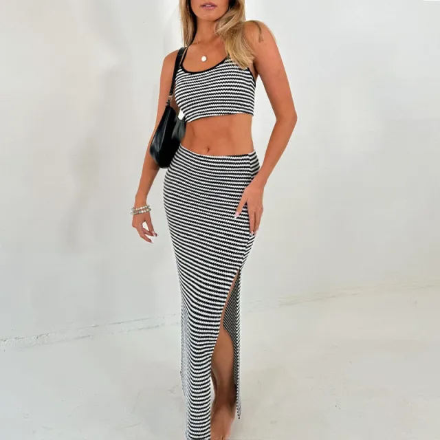 Black And White Striped Fitted Casual Vest Set Black - Shop at LoveMi