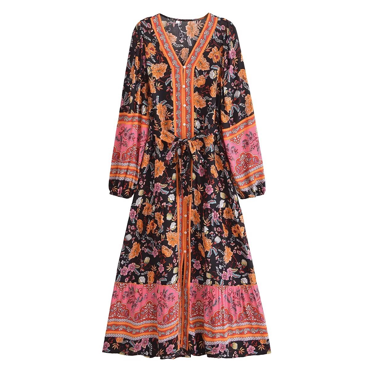 Watermark Positioning Flower Belt Long Sleeve Long Dress
