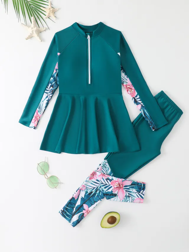 Conservative Split Two piece Long sleeved Trousers Medium And Large Girls Swimsuit Green - Shop at LoveMi