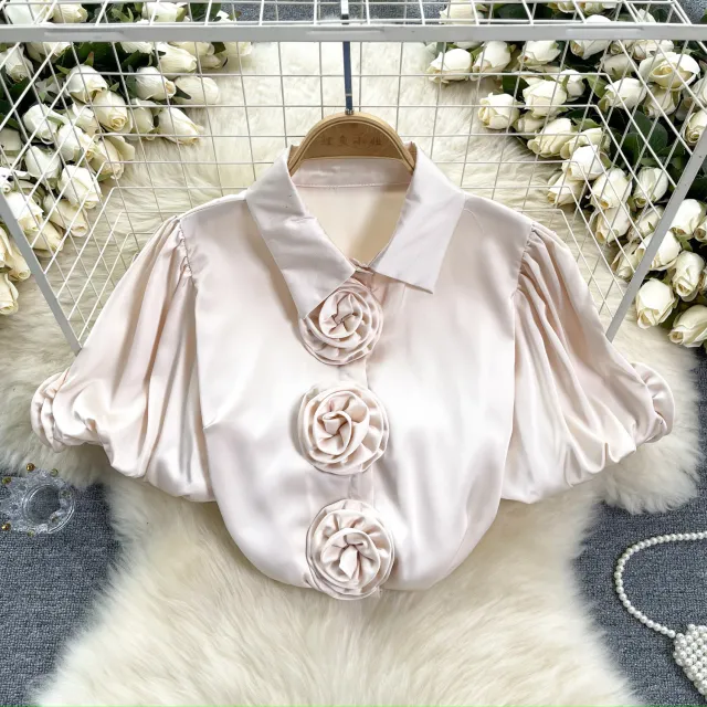 Three dimensional Flower Puff Sleeve 1 French Satin Top Apricot - Shop at LoveMi