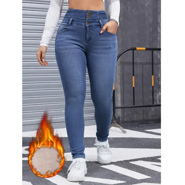 Women's Fleece lined Elastic Skinny Jeans Blue - Shop at LoveMi