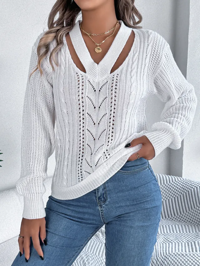 Hollow Out V neck Twist Lantern Sleeve Pullover Sweater White - Shop at LoveMi