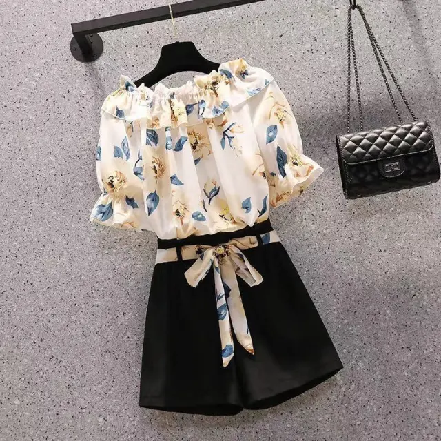 Large Size Slimming Women's Shorts Suit Black Shorts Chiffon Top - Shop at LoveMi