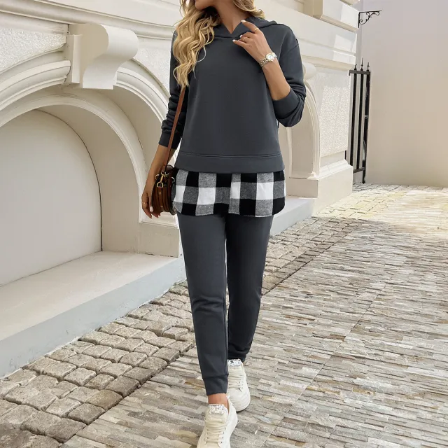 Casual Contrast Color Plaid Hooded Sweater Ankle tied Trousers Suit Dark Gray - Shop at LoveMi