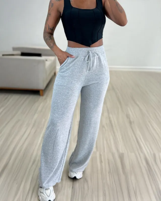 Solid Color High Waist Lace up Elastic Waist Trimming Casual Trousers Gray - Shop at LoveMi