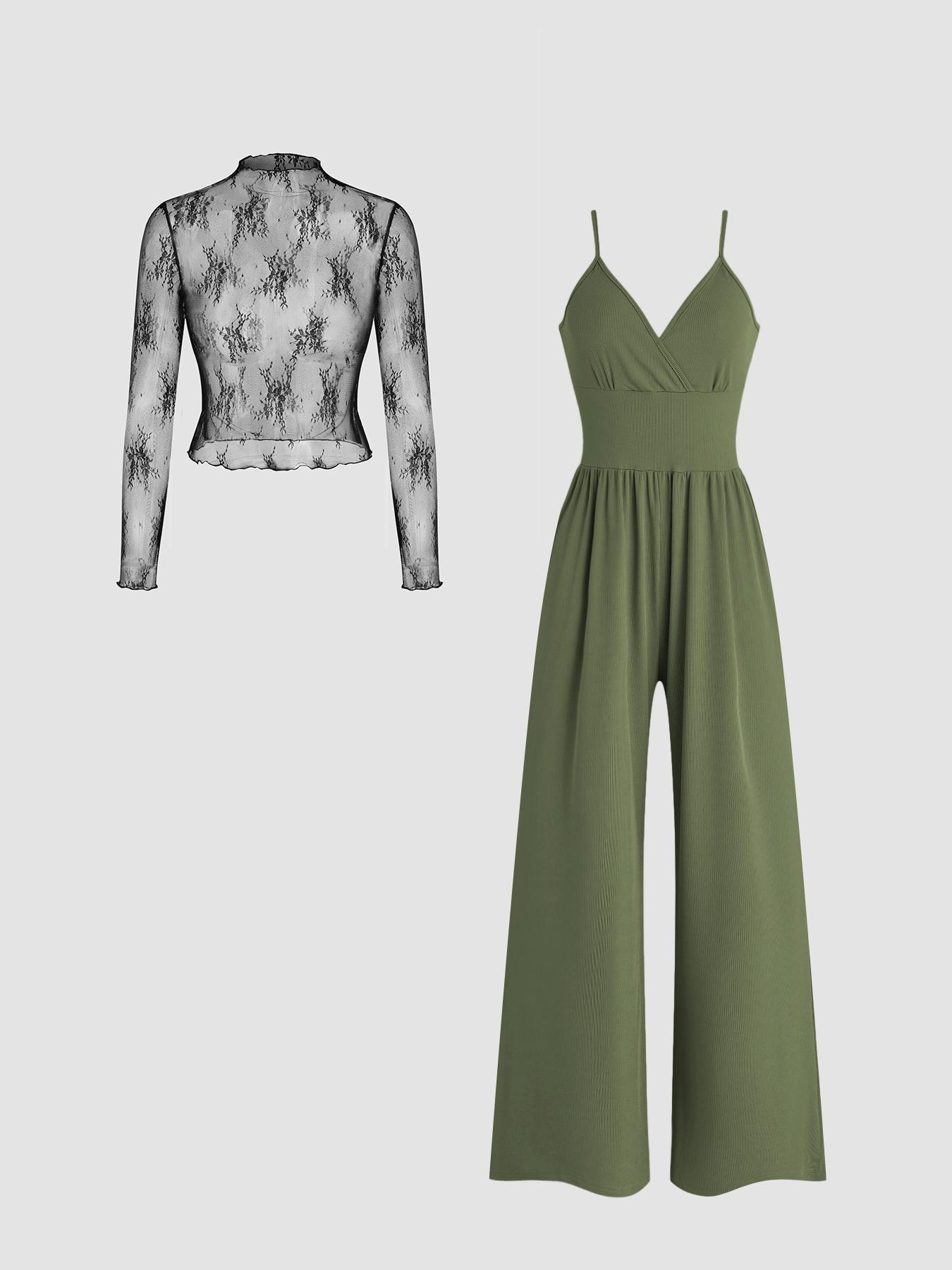 Lace Long Sleeve Sling Slim Fit Bodysuit V neck Wide Leg Suit Green - Shop at LoveMi