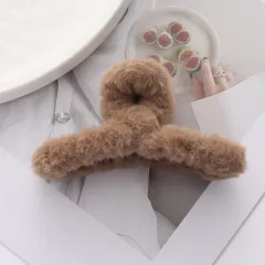 Solid Color Fur Grip Plush Back Head Barrettes - Coffee - View 1