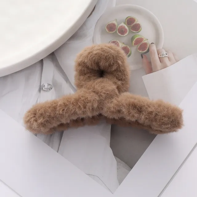 Solid Color Fur Grip Plush Back Head Barrettes Coffee - Shop at LoveMi