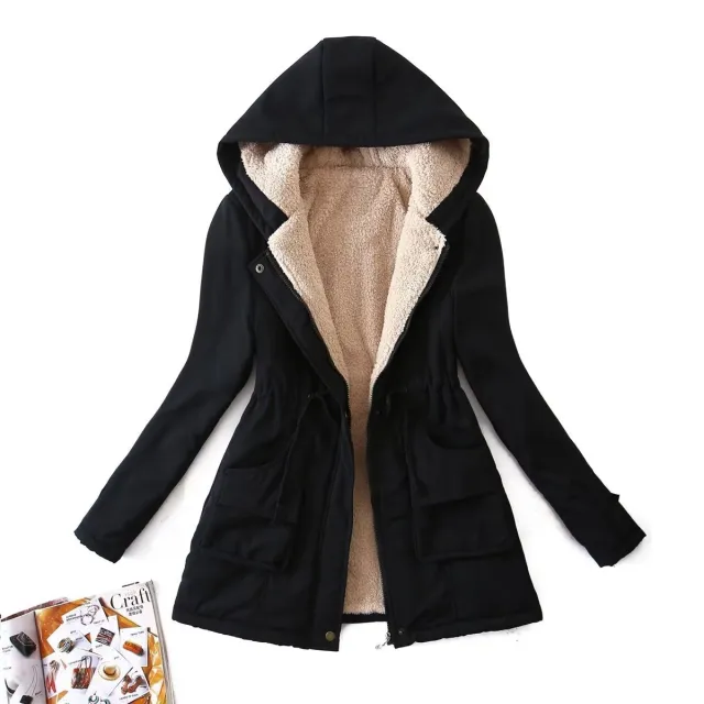 Loose Drawstring Waist tight Parka Style Padded Hooded Cotton Coat Black - Shop at LoveMi