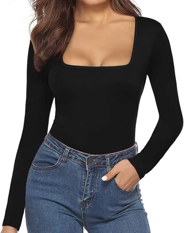 Women's Square Collar Long Sleeve Bottoming Open end Jumpsuit Black - Shop at LoveMi