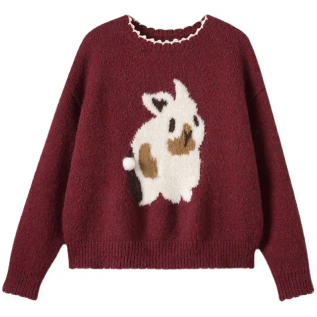 Bunny Red Pullover Crew Neck Sweater Women's Autumn And Winter Loose Flocking Lace Super Sweet Red - Shop at LoveMi