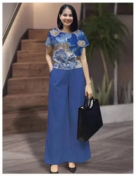 Cross border Suit Summer Fashion Solid Color Plus Size Loose Short Sleeve Printed Trousers Two piece Set Blue - Shop at LoveMi