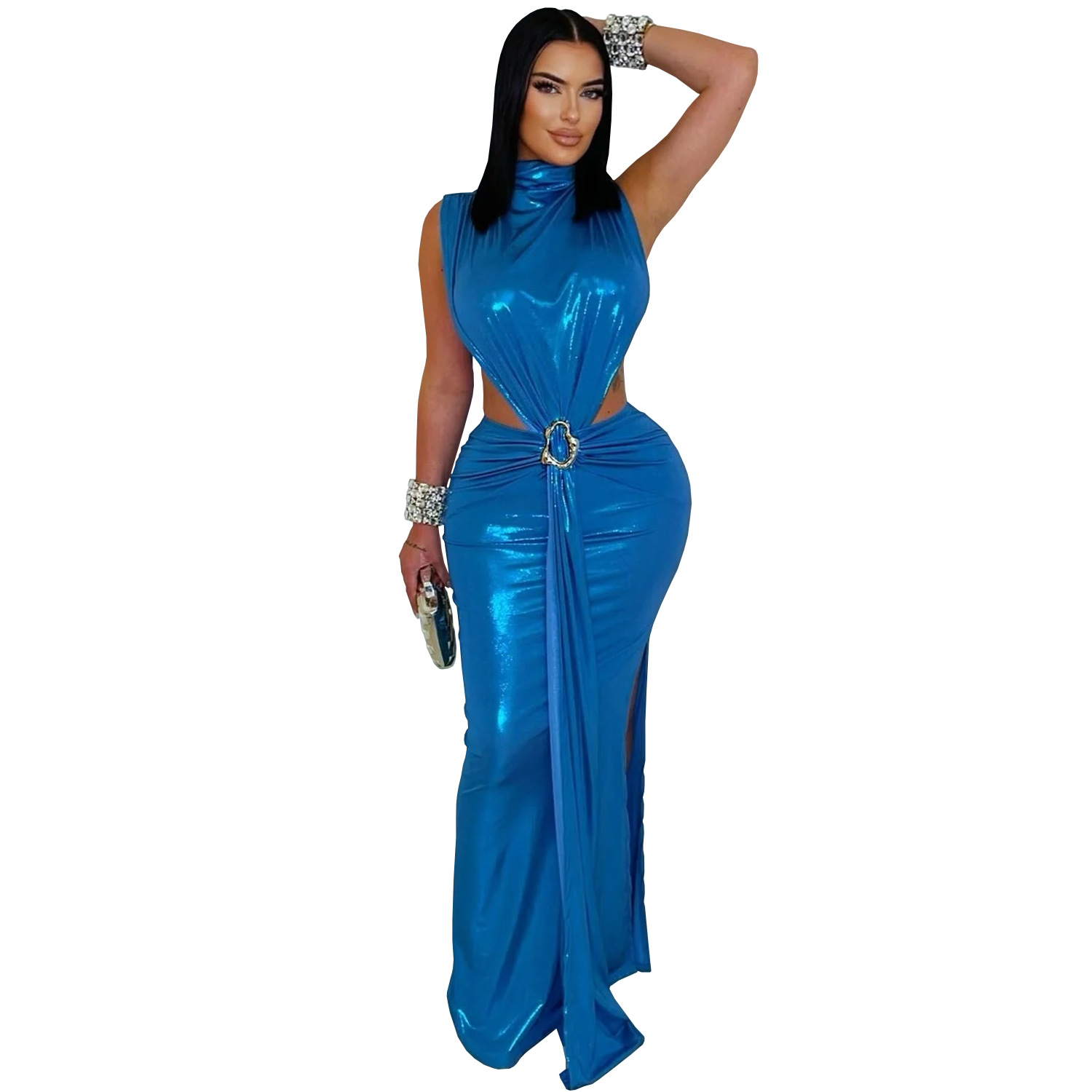 Wear Sexy Elegant Turtleneck Arm Covering Split Dress Blue - Shop at LoveMi