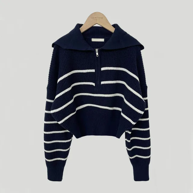 Lapel Half Long sleeve Zipper Striped Knitted Sweater Dark Navy Blue - Shop at LoveMi