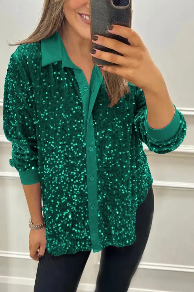 Women's Solid Color Lapel Long Sleeve Button Sequined Shirt Green - Shop at LoveMi
