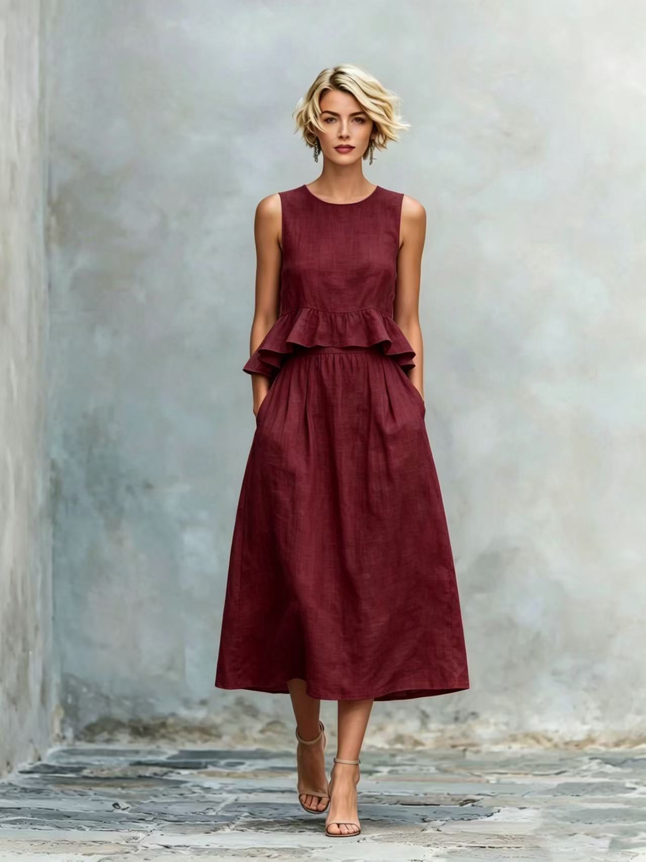 Women's Ruffle Trim Maxi Dress in Dark Red – elegant floor length resort dress