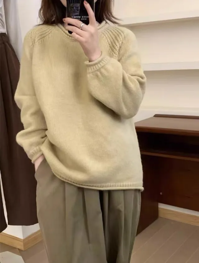 Autumn And Winter Curling Design Solid Color Sweater Khaki - Shop at LoveMi