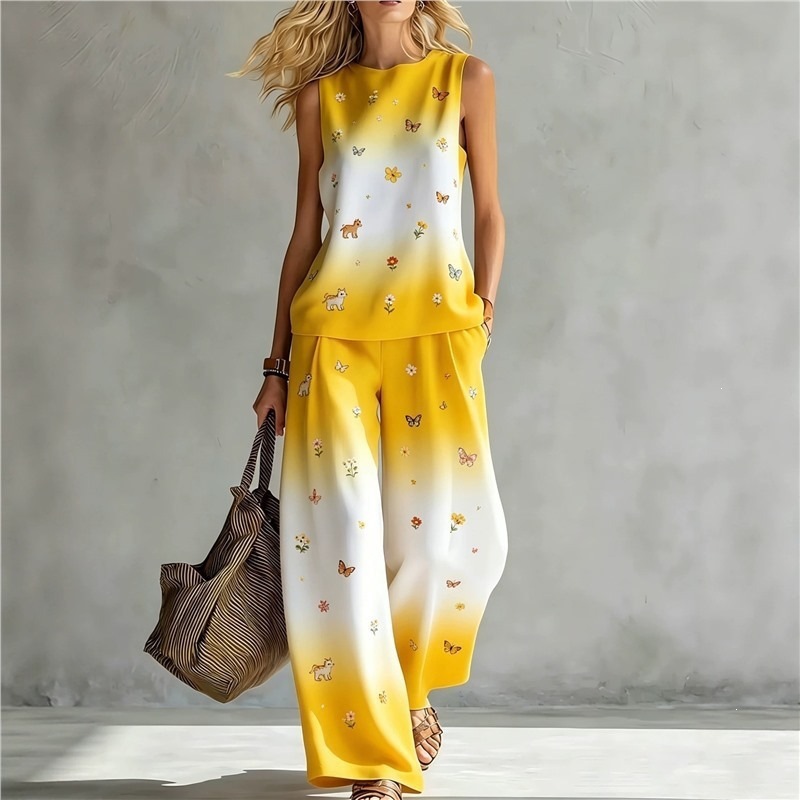 New-style Rainbow Tie-dye Sleeveless Crew-neck Top And Wide-leg Pants Womens Casual Two-piece Set