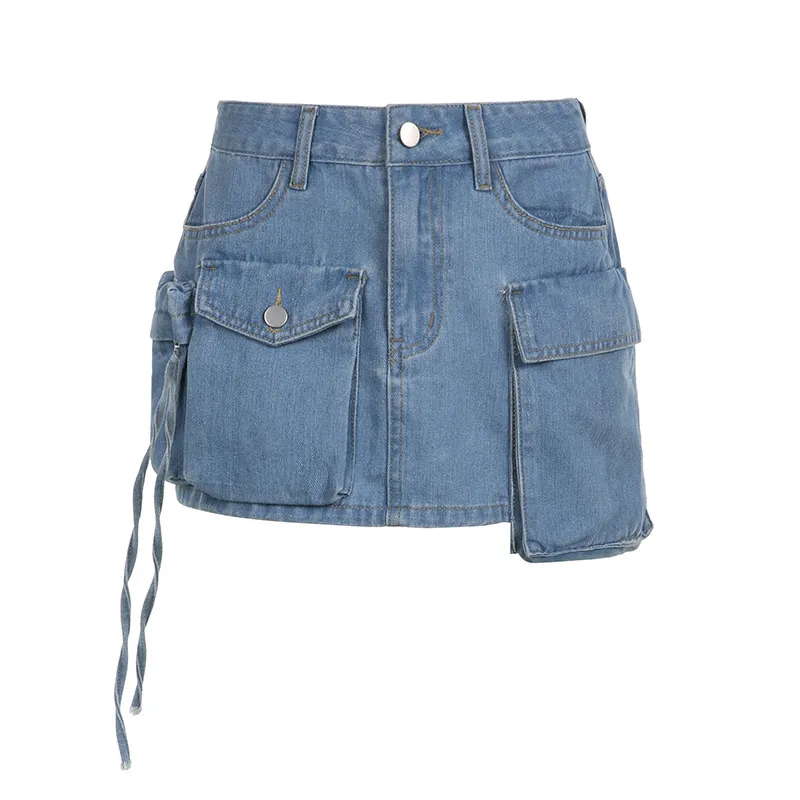 Women's Fashion Color Contrast Washing Tooling Denim Skirt - Blue