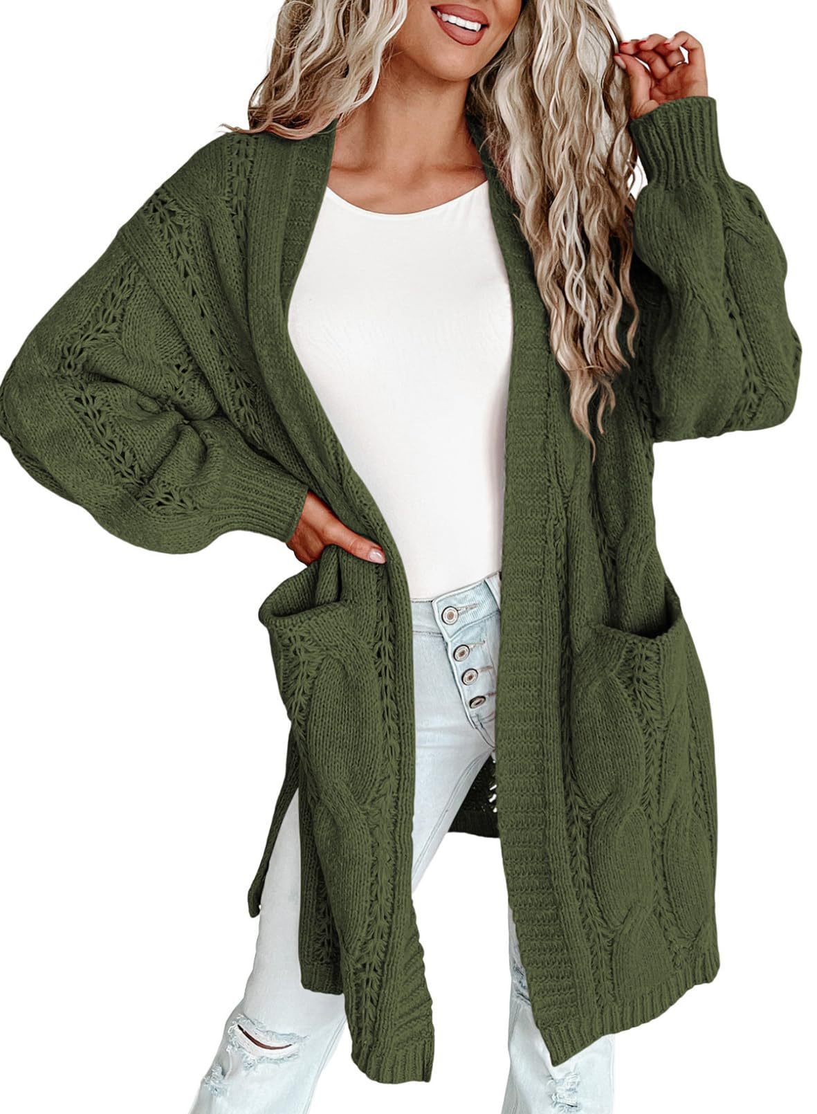 Autumn And Winter European And American Style Women Long Cardigan Long Sleeve Sweater With Pockets Army Green - Shop at LoveMi