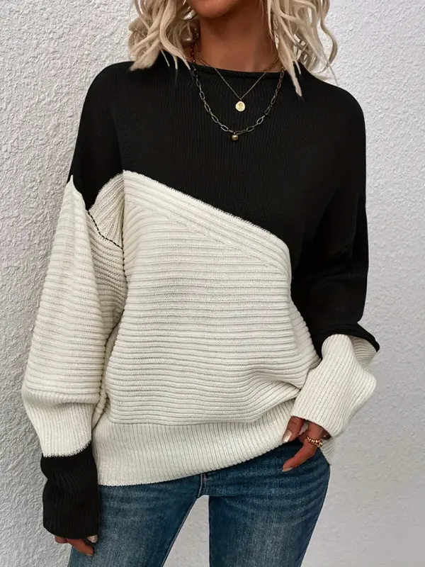 Women's Knitting Sweater Stitching Contrast Color Pullover Top Black - Shop at LoveMi