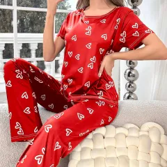 Printed Round Neck Short-sleeved Trousers Two-piece Suit Comfortable Home - Red - View 1