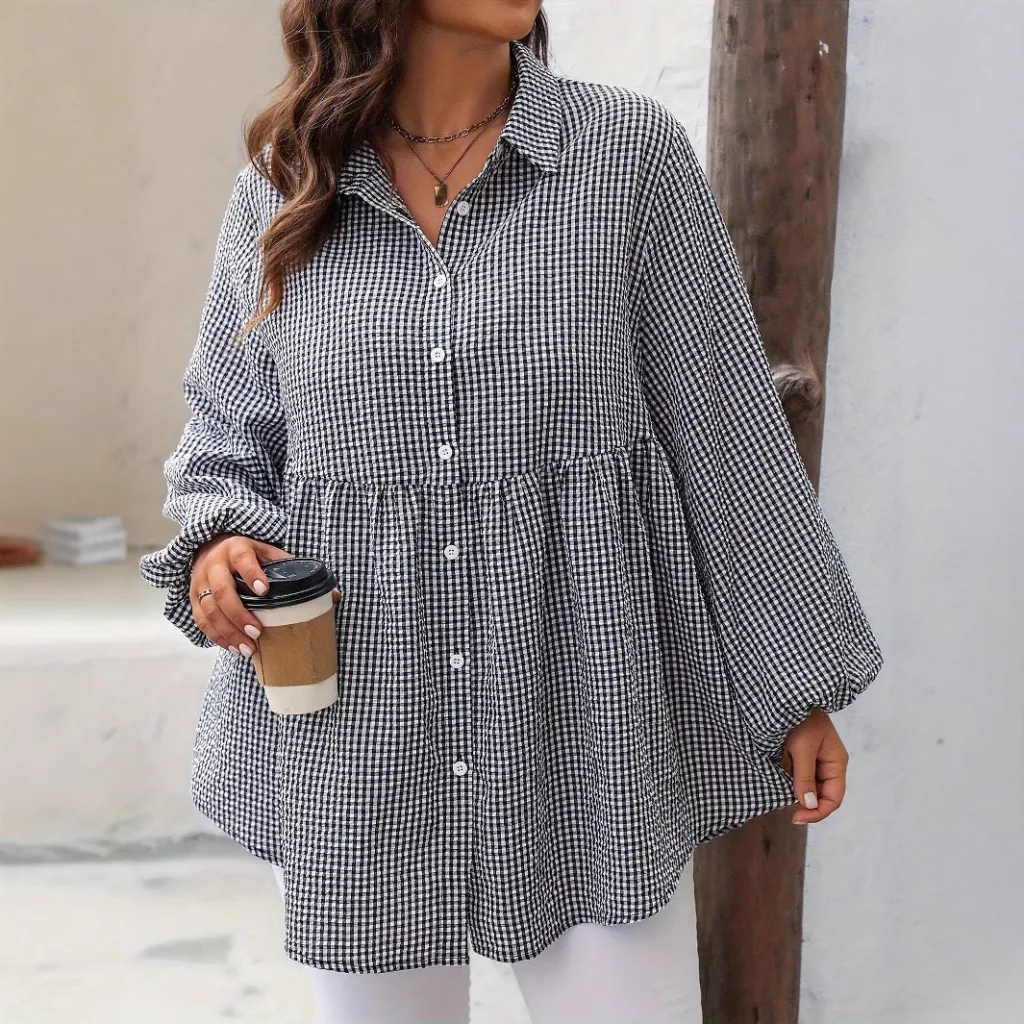 European And American Grid Ruffle Hem Blouse Dress - Picture Colour-0Xl