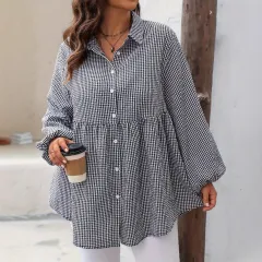 European And American Grid Ruffle Hem Blouse Dress - Picture Colour-0Xl - View 1