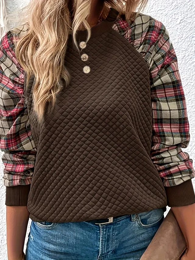 Diamond Plaid Stitching Long Sleeve Crew Neck Sweater Brown - Shop at LoveMi