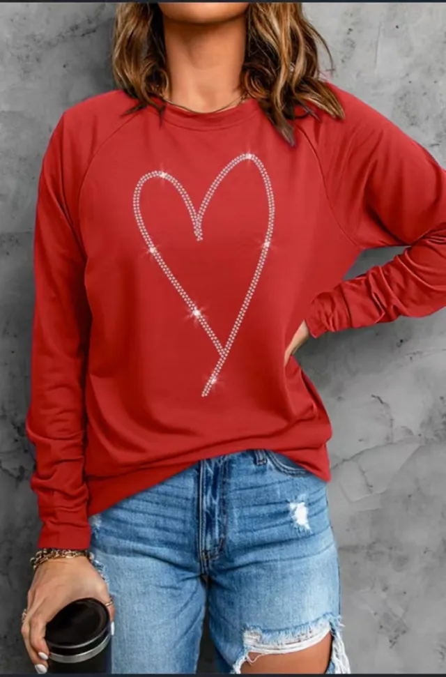 Heart Printing Round Neck Long Sleeve Sweatshirt Tops Red - Shop at LoveMi