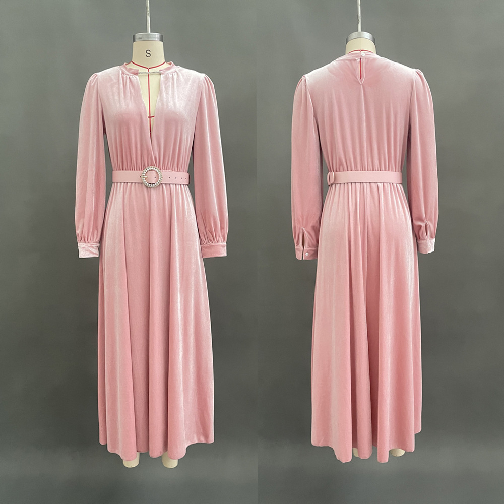 Slimming Waist-cinched Long Dress In Solid Color With A V-neck And Gold Velvet Fabric