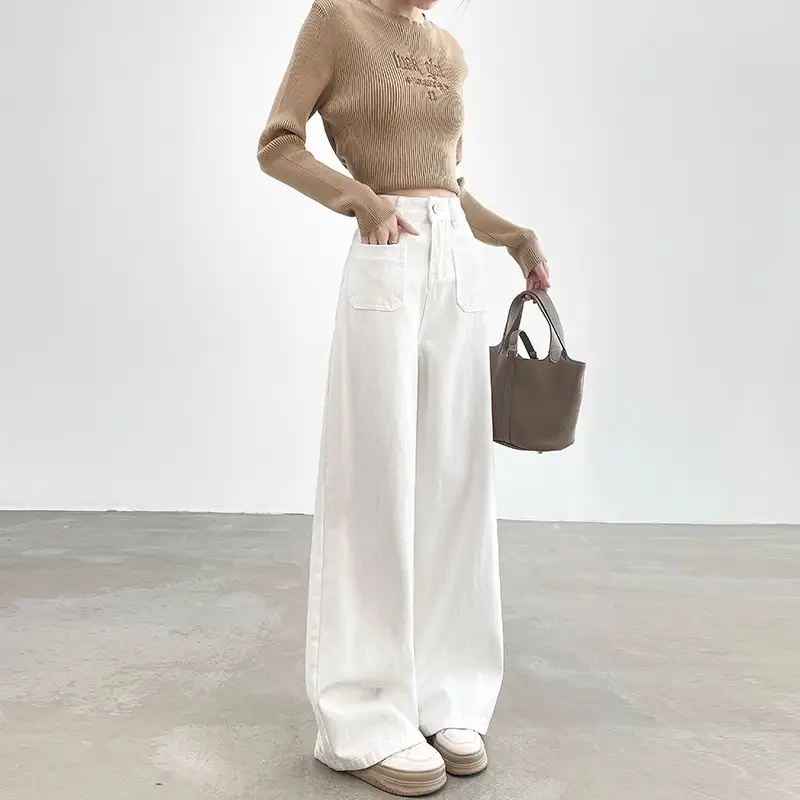 Women's High Waist Wide Leg Denim Pants Casual Straight Leg Trousers