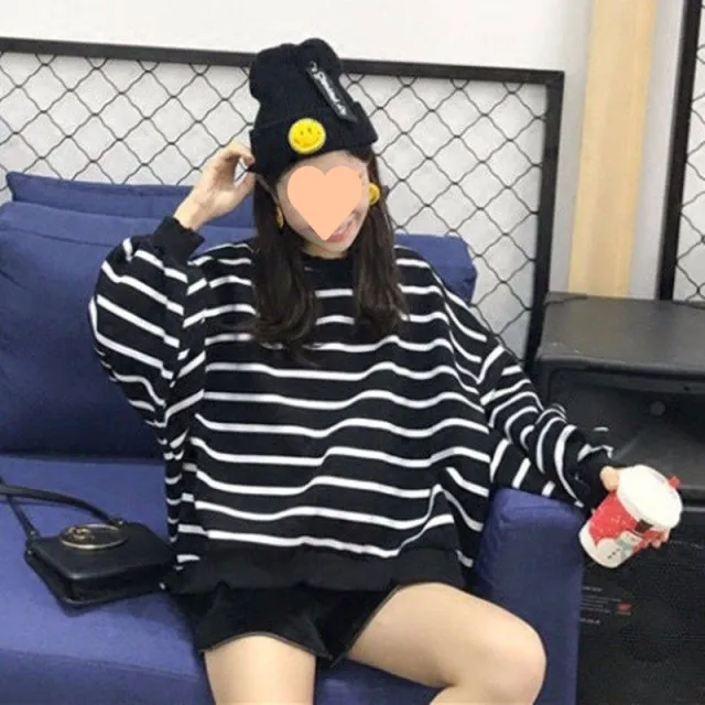 Women's Loose Autumn And Winter Thermal Bottoming Shirt Striped T shirt Black - Shop at LoveMi