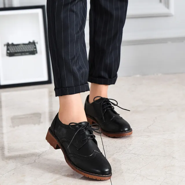 Women's Chunky Heel Lace up Leather Shoes Black - Shop at LoveMi