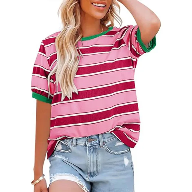 Women's Round Neck Colored Mosaic Large Striped Loose All matching Shirt Rose Red - Shop at LoveMi