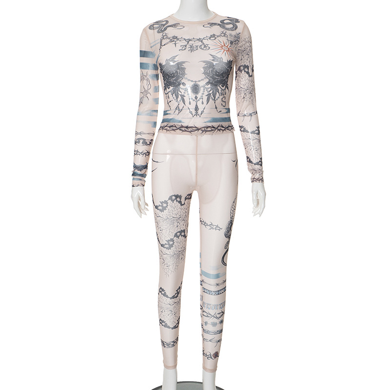 Women's Skinny Mesh Printed Long-sleeved Top Pants Casual Suit