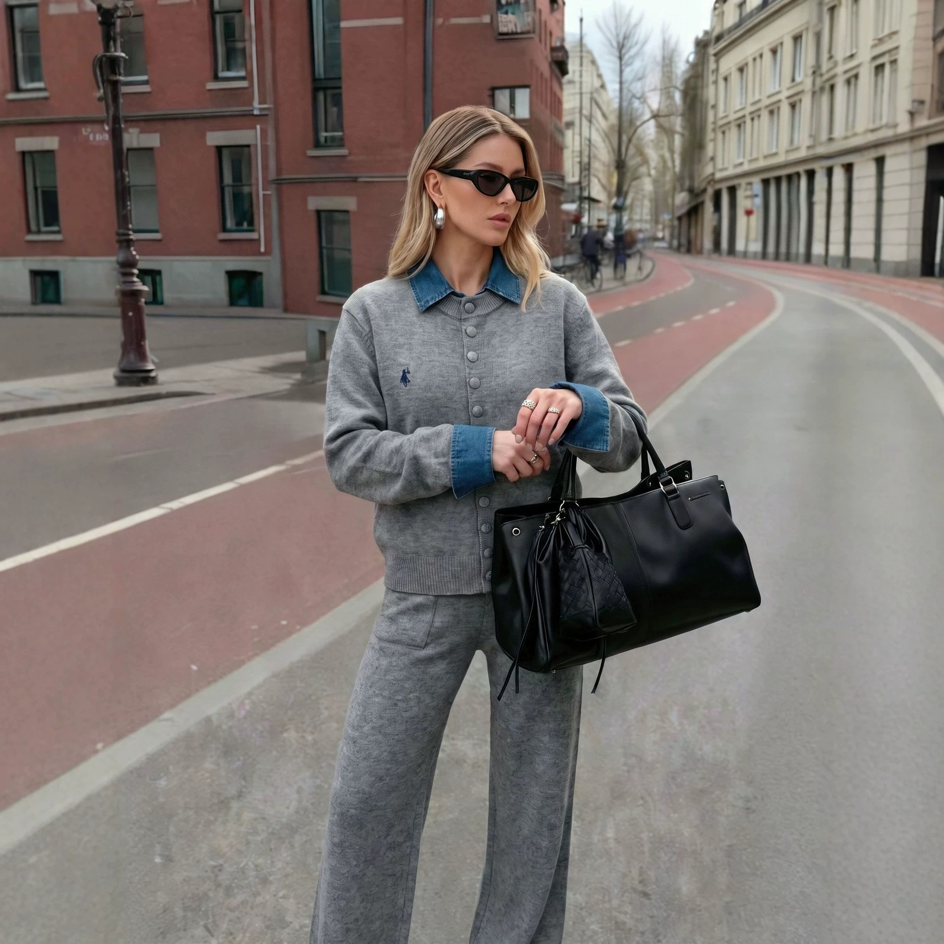 Women's Denim Trim Knitted Set - Casual Two Piece Outfit with Contrast Detailing