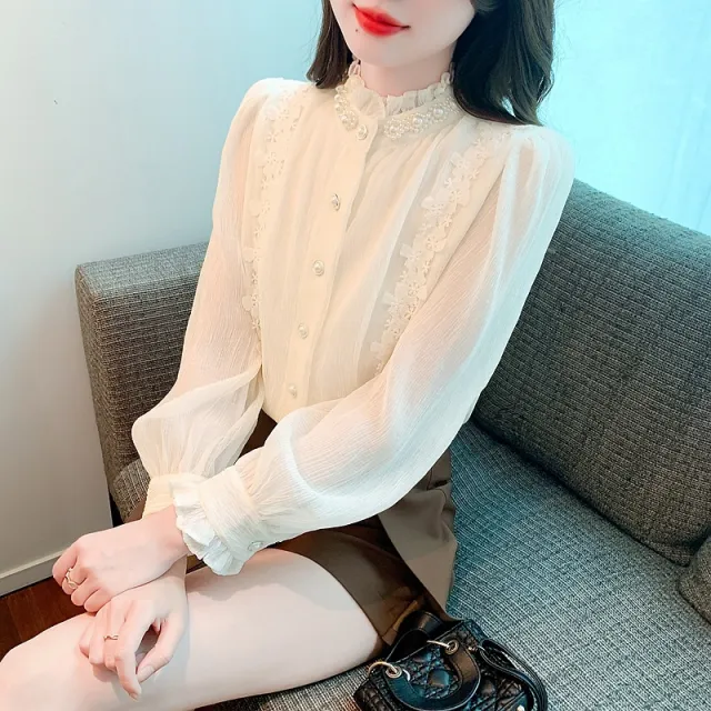Niche Pearl Stringy Selvedge Stand up Collar Lace Pleated Long Sleeve Shirt Tan - Shop at LoveMi