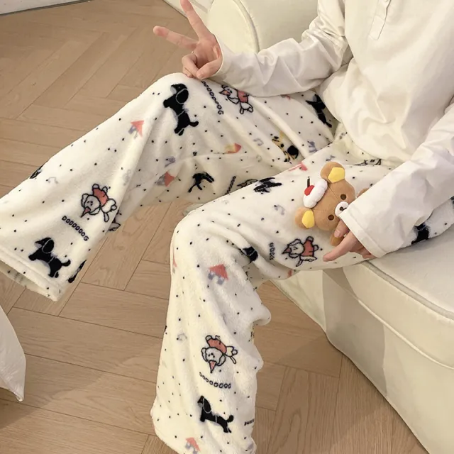 Flannel Pajamas Women Autumn Winter Fleece lined Thickened Casual Cartoon Home Pants Polka Dot Black Dachshund - Shop at LoveMi