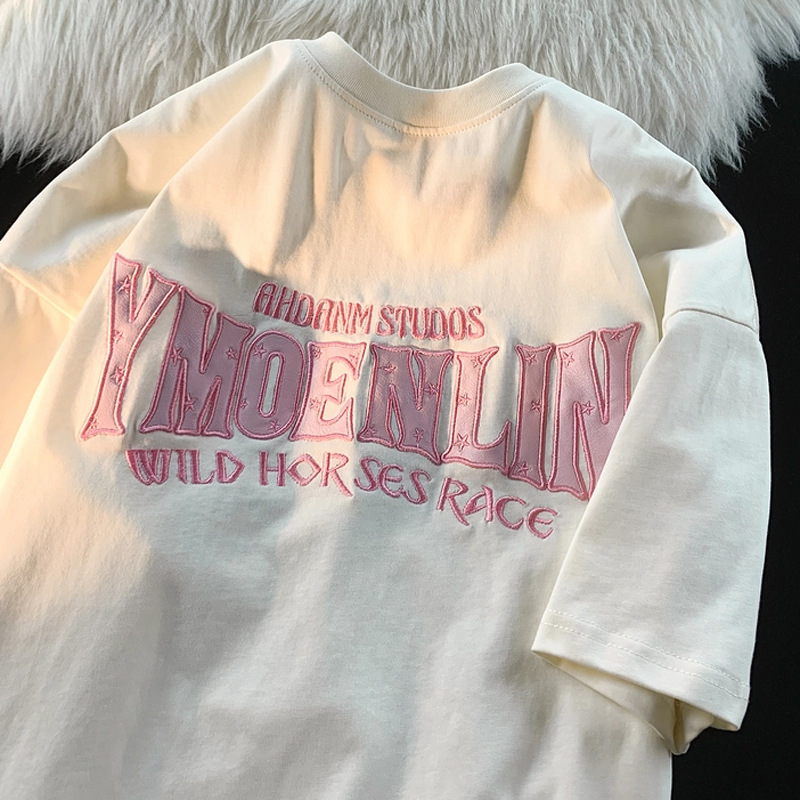 Letter Embroidery Pattern Loose All matching Pure Cotton Tops Apricot - Shop at LoveMi