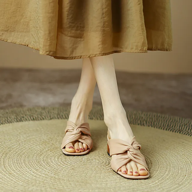Sheepskin Square Head Chunky Heel Outdoor Middle Heel Slippers Brown - Shop at LoveMi