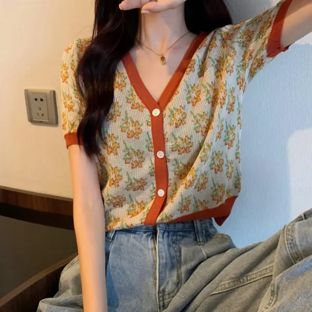 Summer Design Casual High Waist Contrast Color Retro Short V plate Knitted Cardigan Orange - Shop at LoveMi