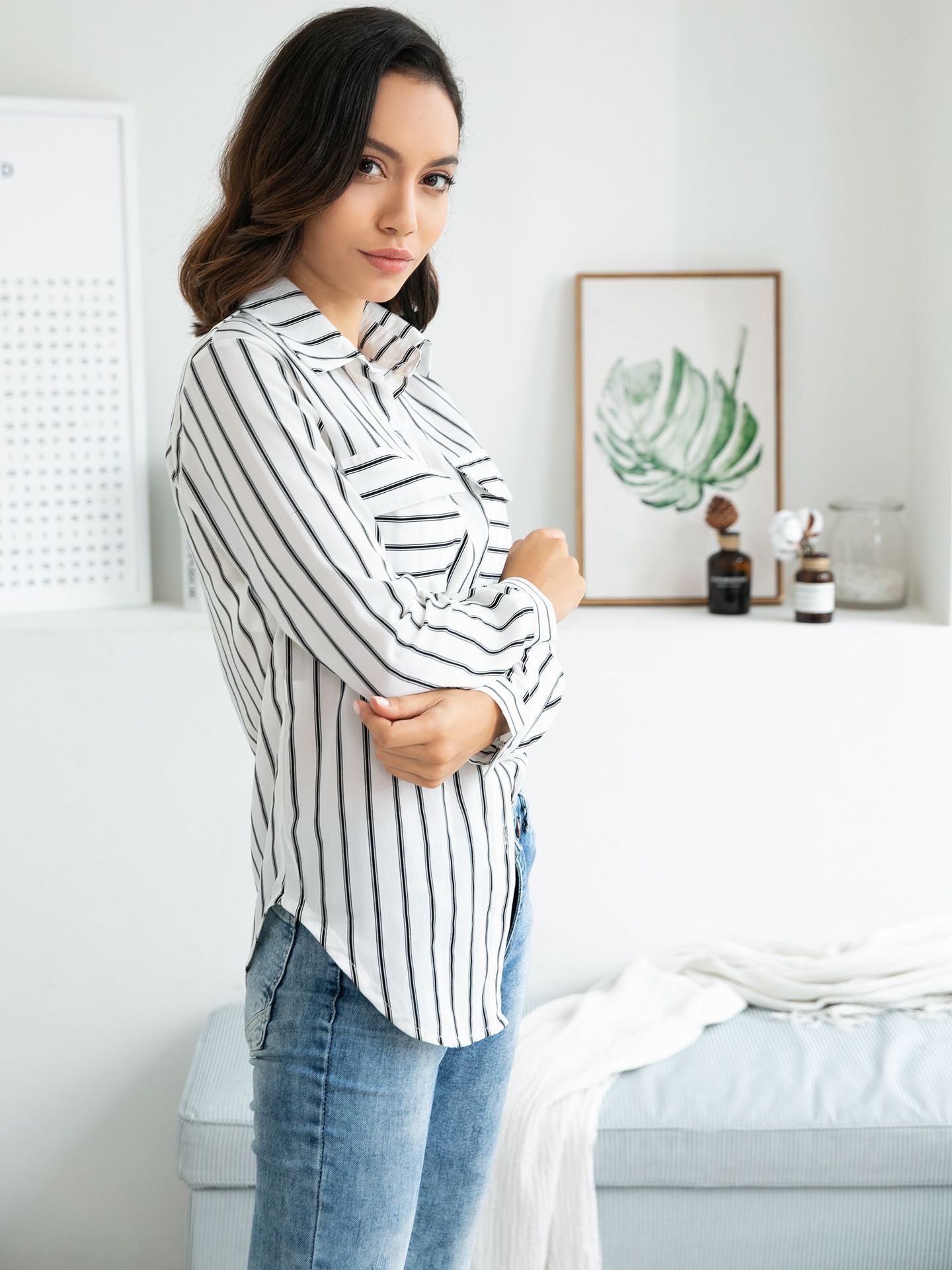 Title 3, Sexy vertical stripe shirt V-Neck long sleeve t...