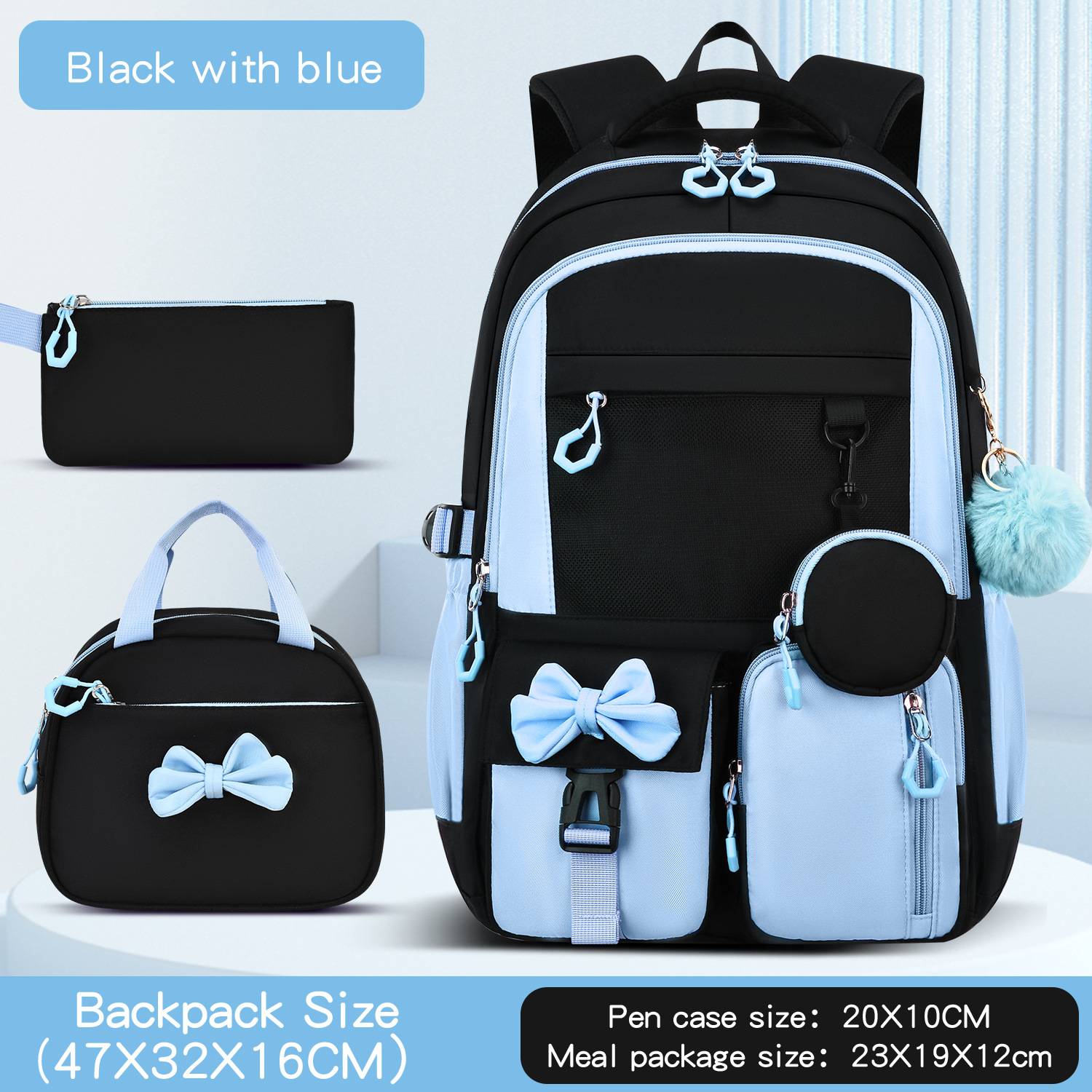 Simple Three-Piece Backpack Set For Elementary And Middle School Students Black And Blue 3pcs