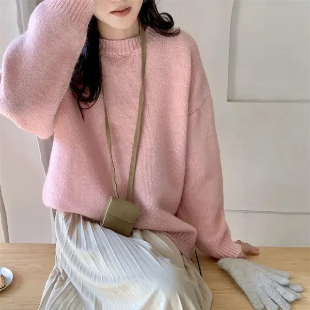 Thickened Loose fitting Crew neck Laid back Style Sweater For Women Pink - Shop at LoveMi
